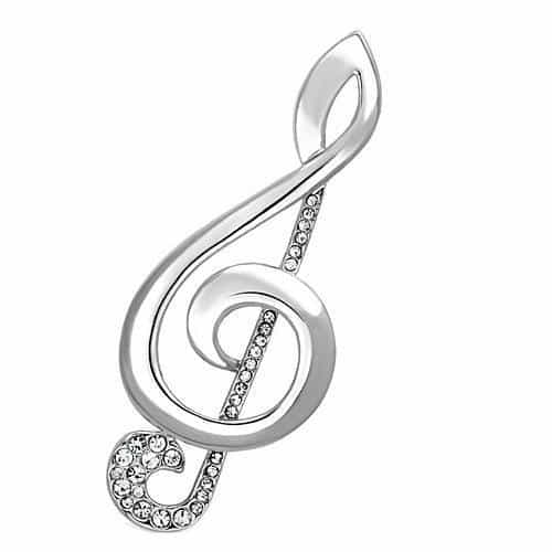 Brass Silver CZ Treble Clef Music Note Brooch view 1