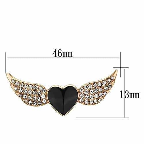 Brass Rose Gold Black Enamel CZ Winged Heart Angel Brooch view 2