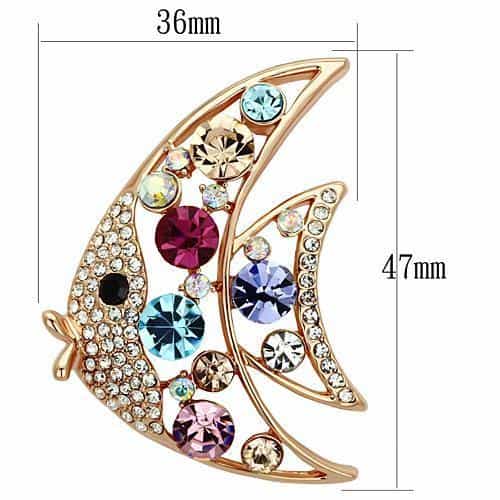 Brass Rose Gold Multi Color Crystal Crescent Moon Brooch view 2