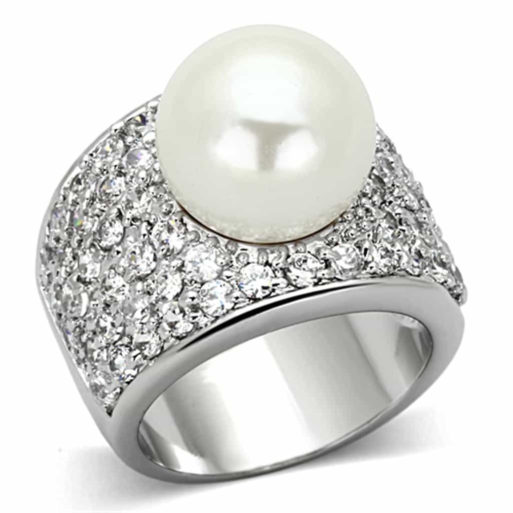 Brass Silver Pearl CZ Pave Wide Dome Cocktail Ring view 1