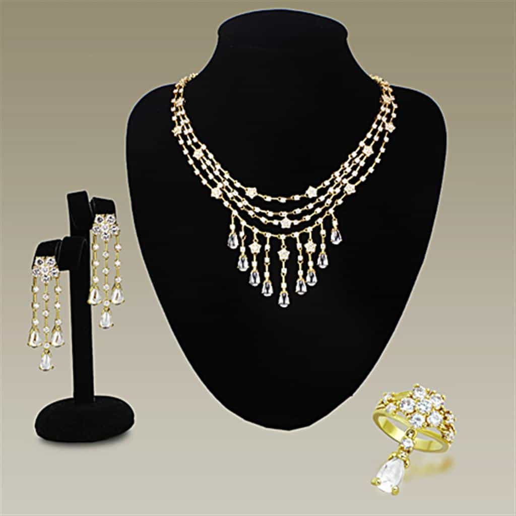 Brass Gold Pearl CZ Fringe Chandelier Necklace Earring Earrings view 1