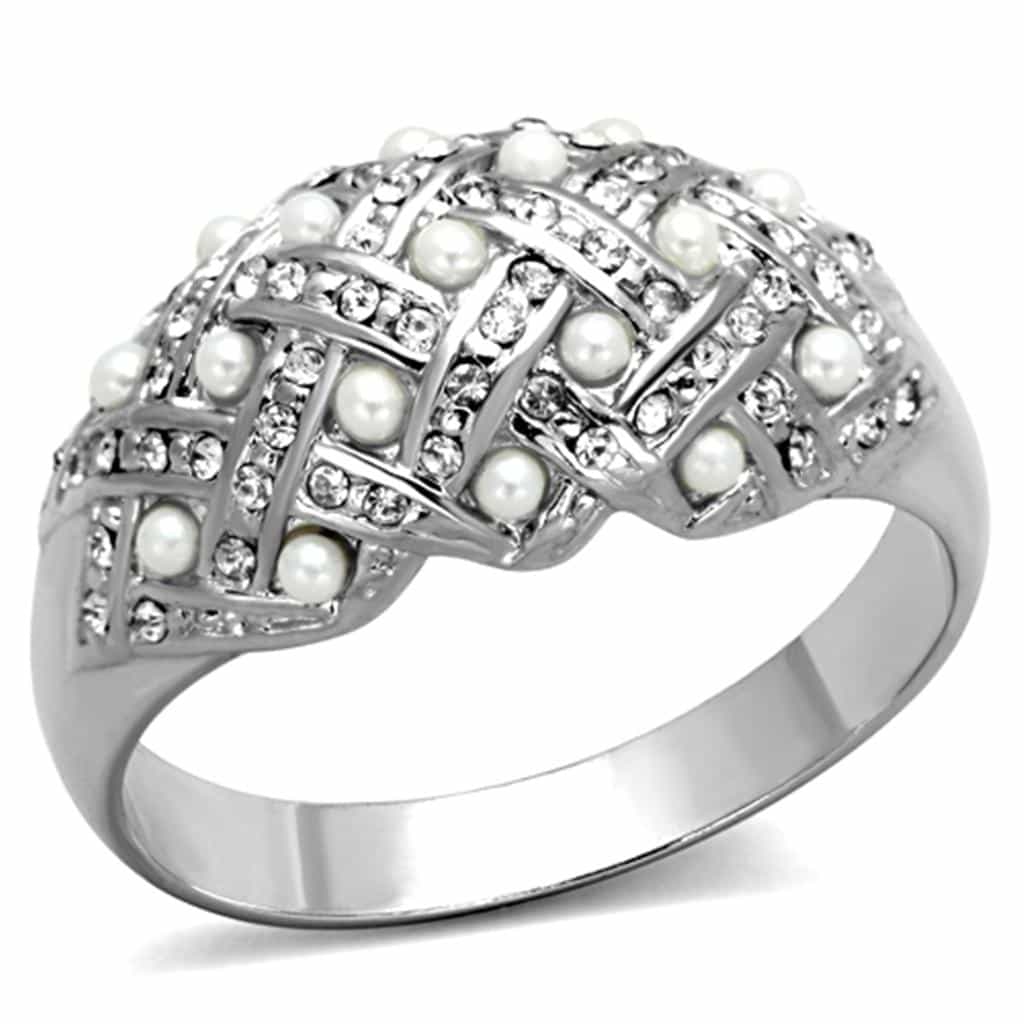 Brass Silver Pearl CZ Pave Grid Pattern Dome Cocktail Ring view 1