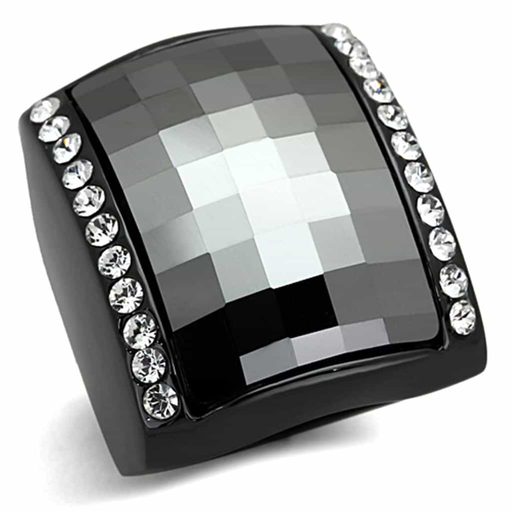 Brass Black IP Hematite Faceted Rectangle CZ Halo Cocktail Ring view 1