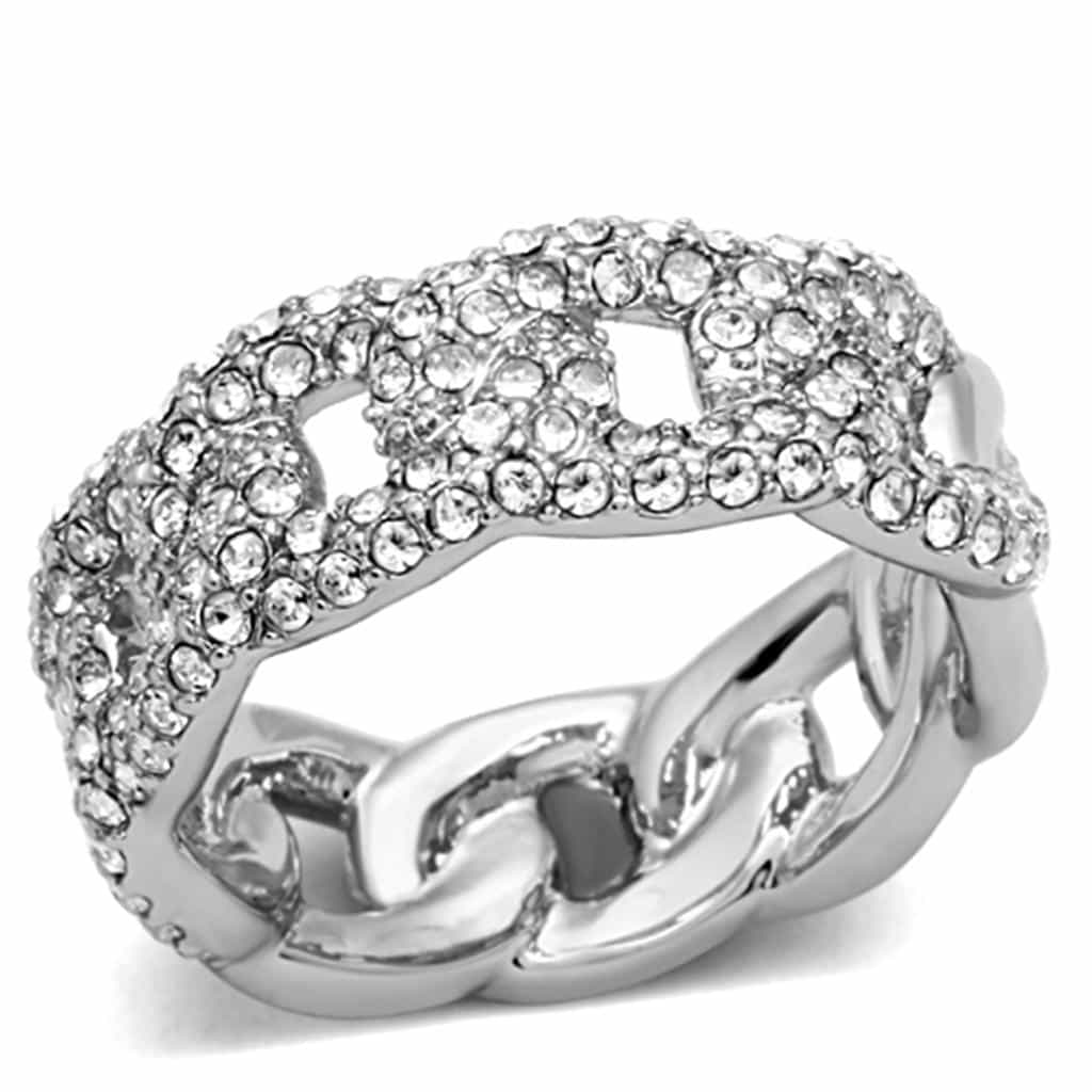 Brass Silver CZ Pave Curb Chain Link Eternity Band Ring view 1