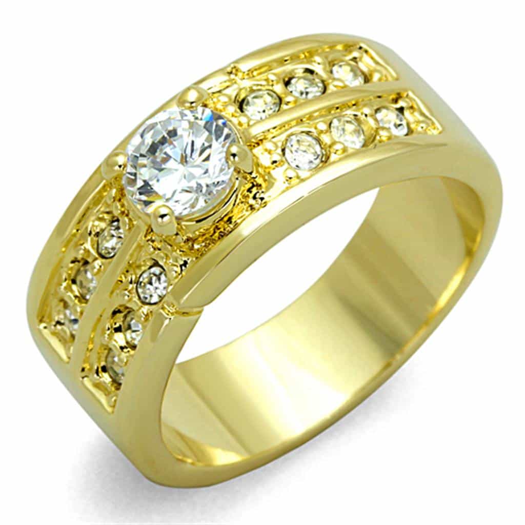 Brass Gold CZ Round Solitaire Channel Set Wide Band Ring view 1