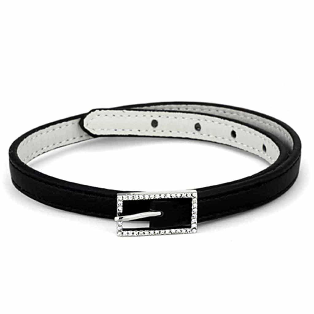 Brass Black White Leather CZ Buckle Wrap Bracelet view 1