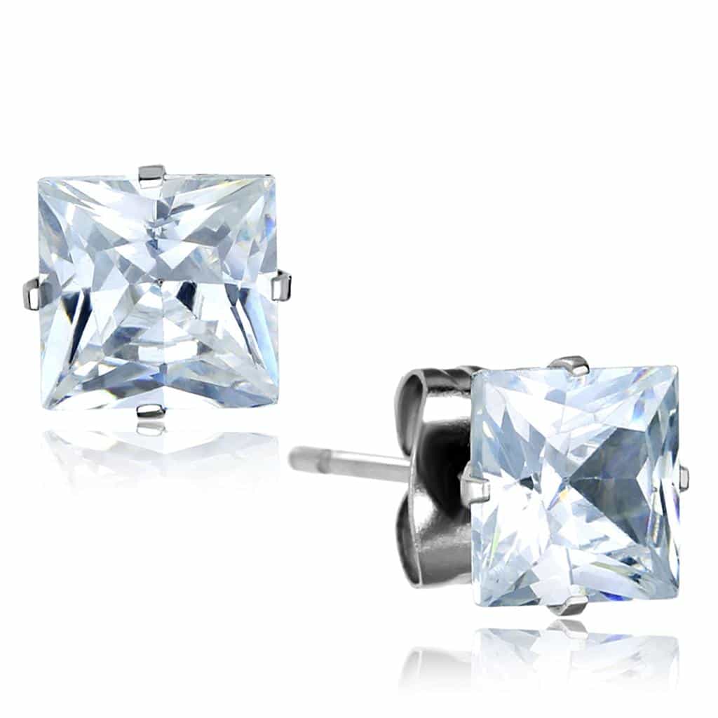 Stainless Steel Silver Clear CZ Princess Cut Solitaire Earrings view 1