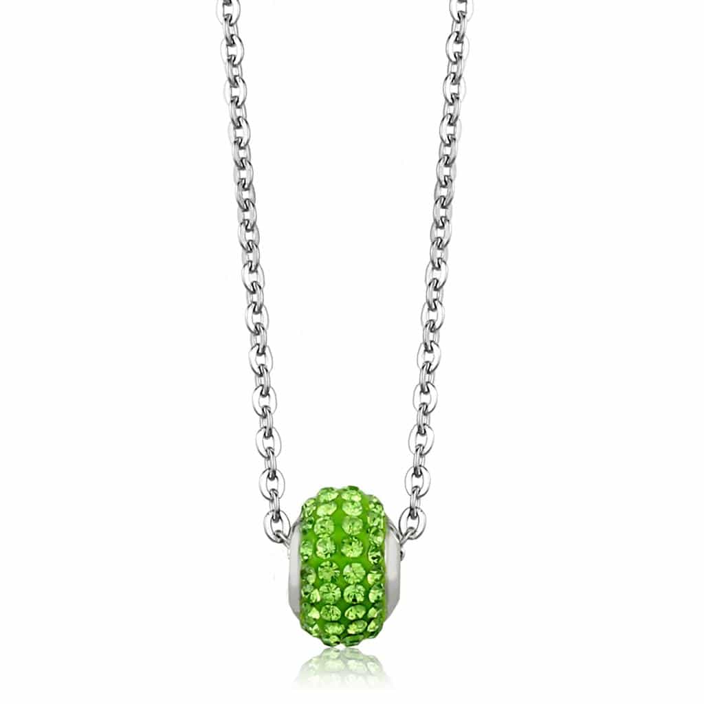 Stainless Steel Silver Green Crystal Pave Barrel Bead Necklace view 1