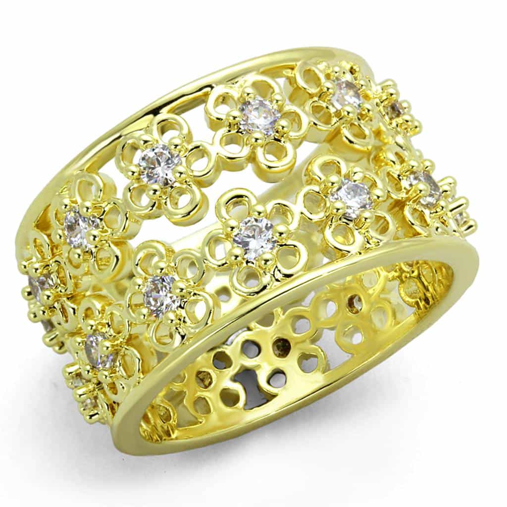 Brass Gold CZ Filigree Flower Cutout Wide Band Ring view 1