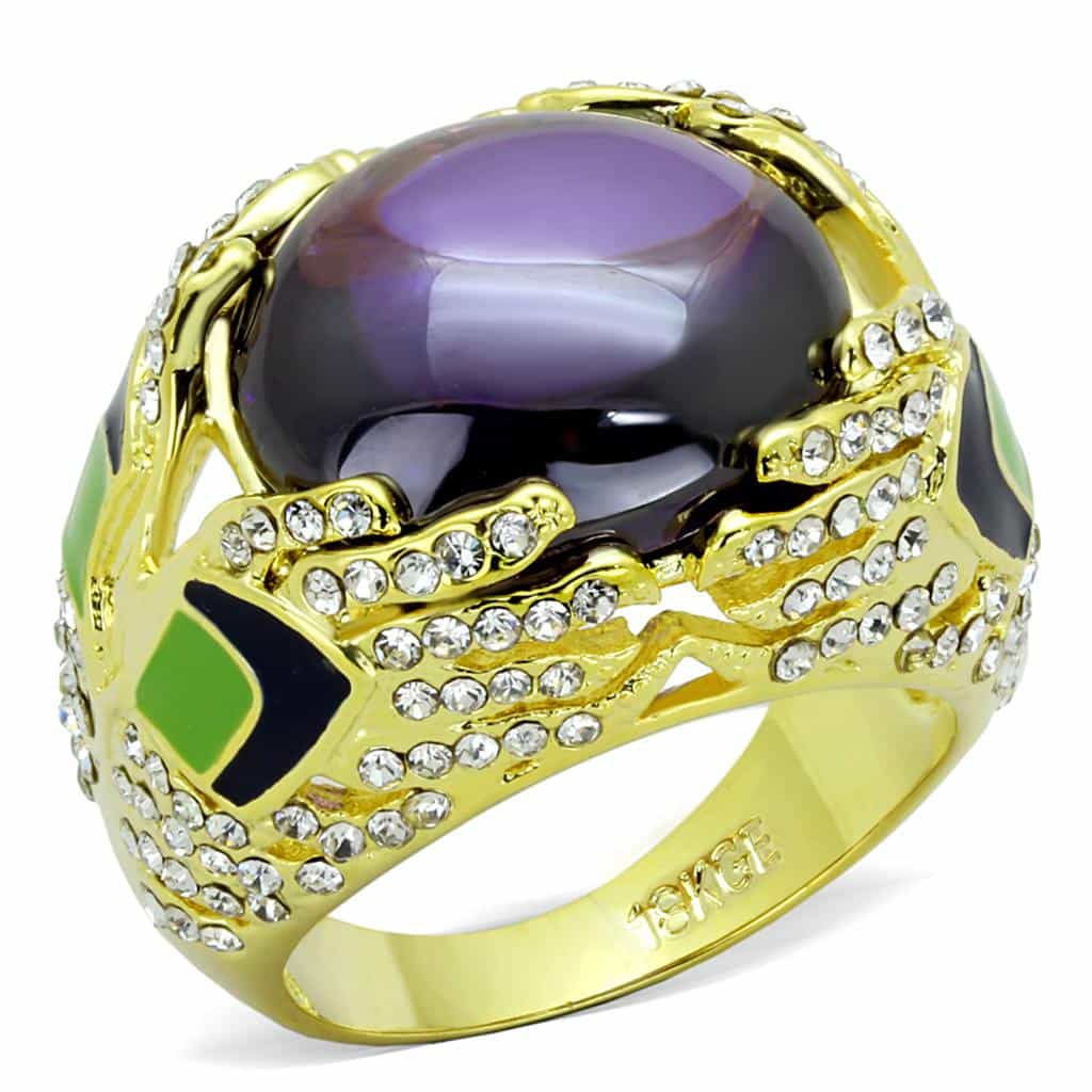 Brass Gold Purple Amethyst Cabochon Green Enamel CZ Cocktail Ring view 1