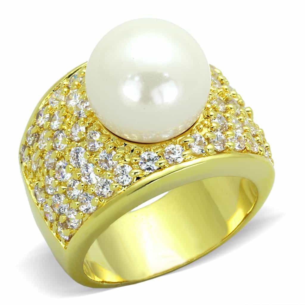 Brass Gold Pearl CZ Pave Dome Cocktail Ring view 1