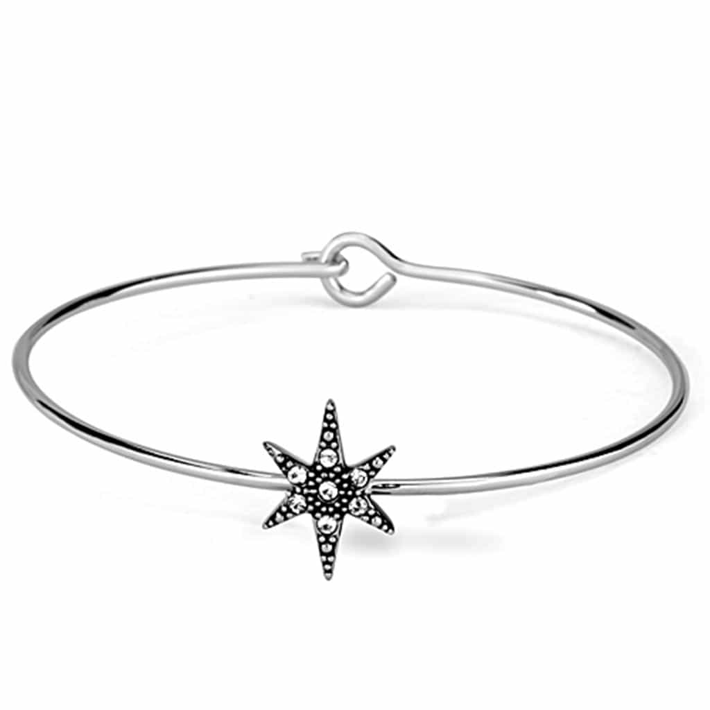 Brass Silver CZ Starburst Star Charm Wire Hook Bangle Bracelet view 1