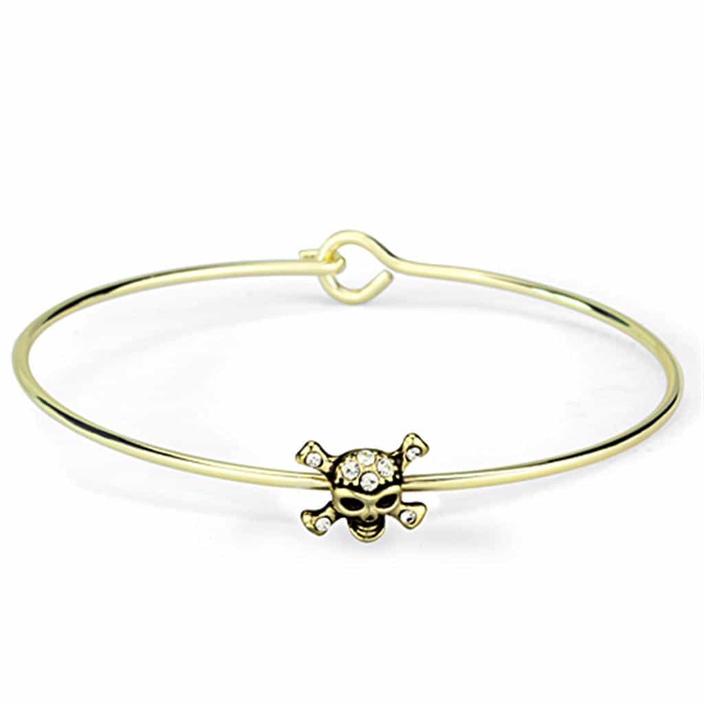 Brass Gold CZ Skull Crossbones Charm Wire Hook Bangle Bracelet view 1