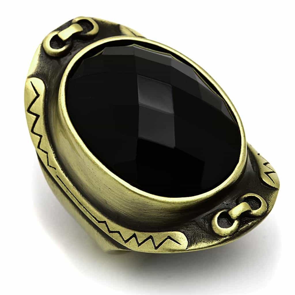 Brass Antique Gold Black Faceted Oval Signet Cocktail Ring view 1