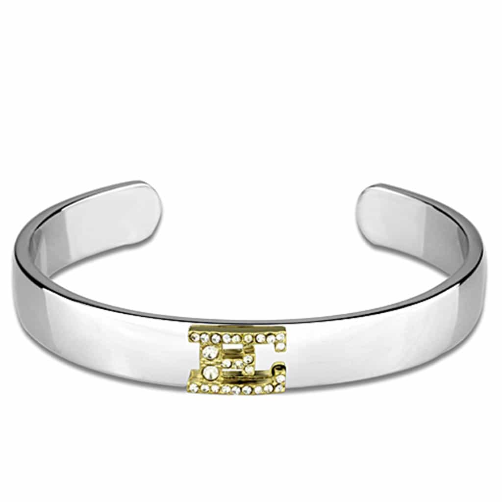 Brass Silver Gold CZ Initial Letter E Cuff Bangle Bracelet view 1