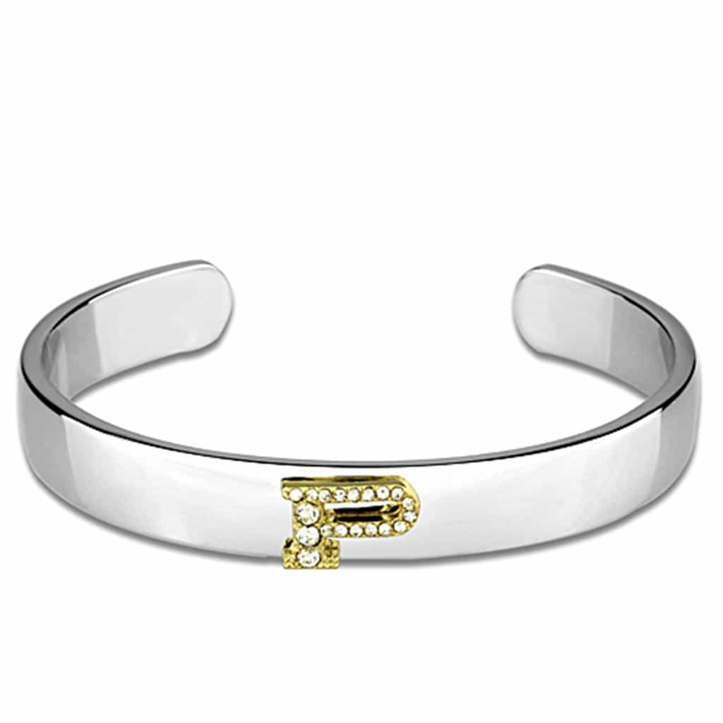 Brass Silver Gold CZ Initial Letter P Cuff Bangle Bracelet view 1