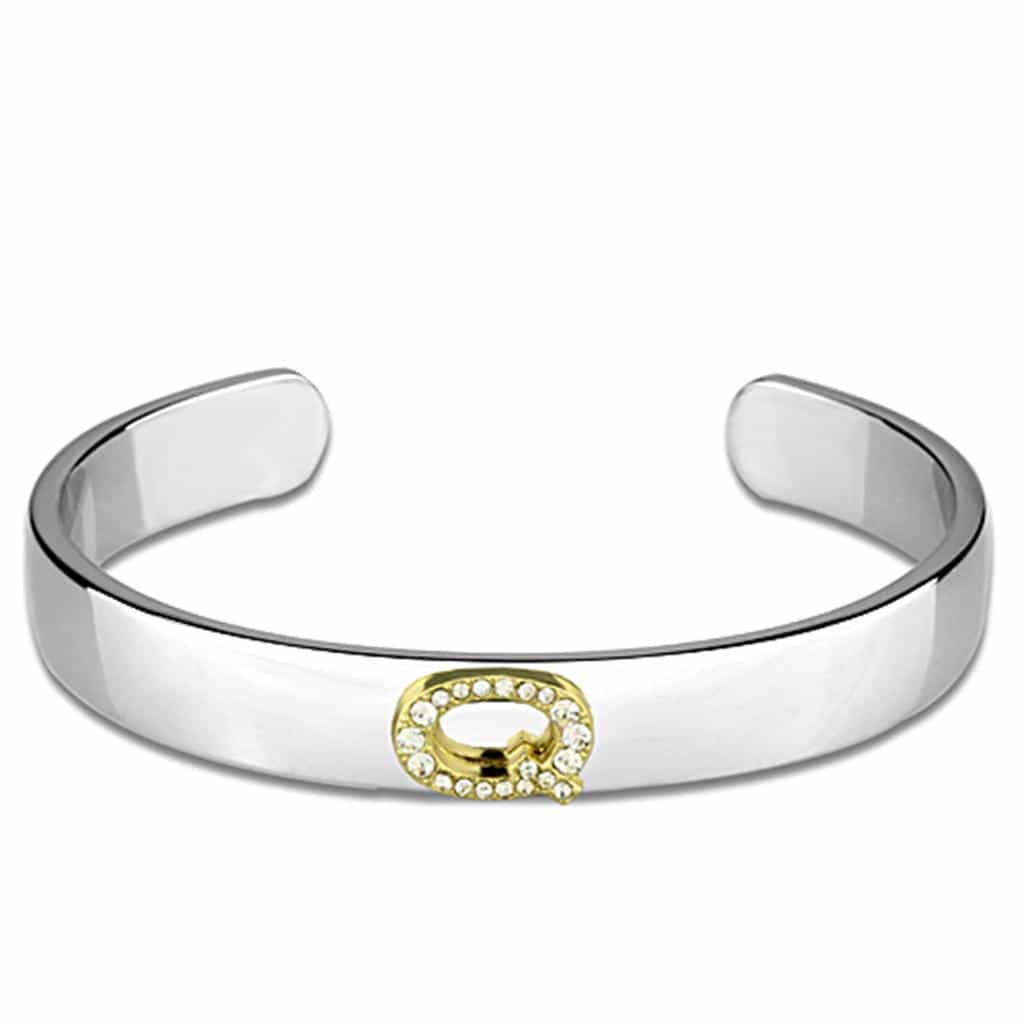 Brass Silver Gold CZ Initial Letter Q Cuff Bangle Bracelet view 1