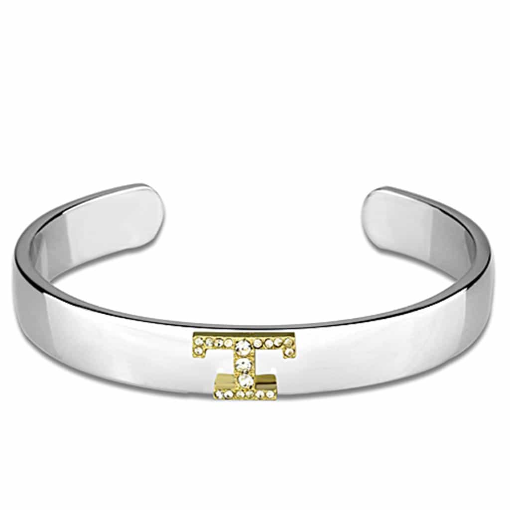 Brass Silver Gold CZ Initial Letter T Cuff Bangle Bracelet view 1