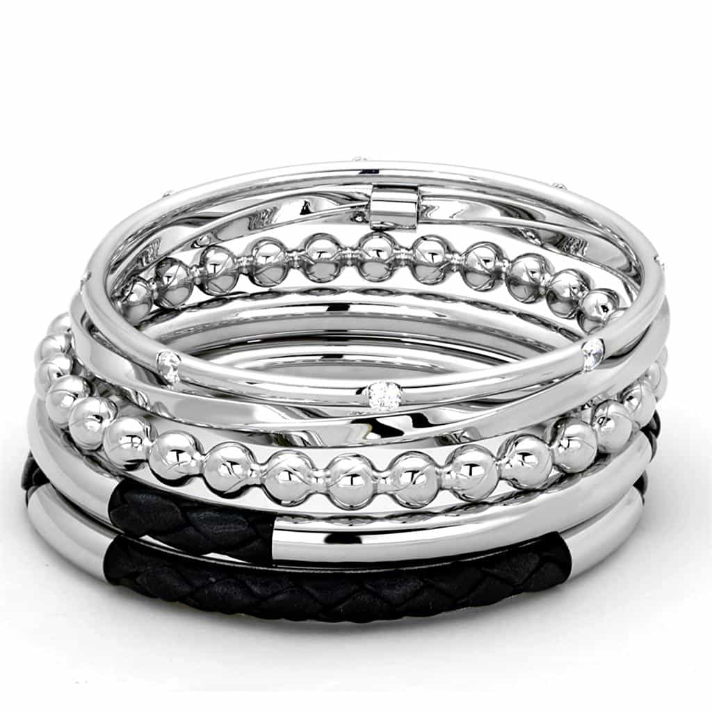 Stainless Steel Silver Black Leather Beaded Stackable Bracelet view 1