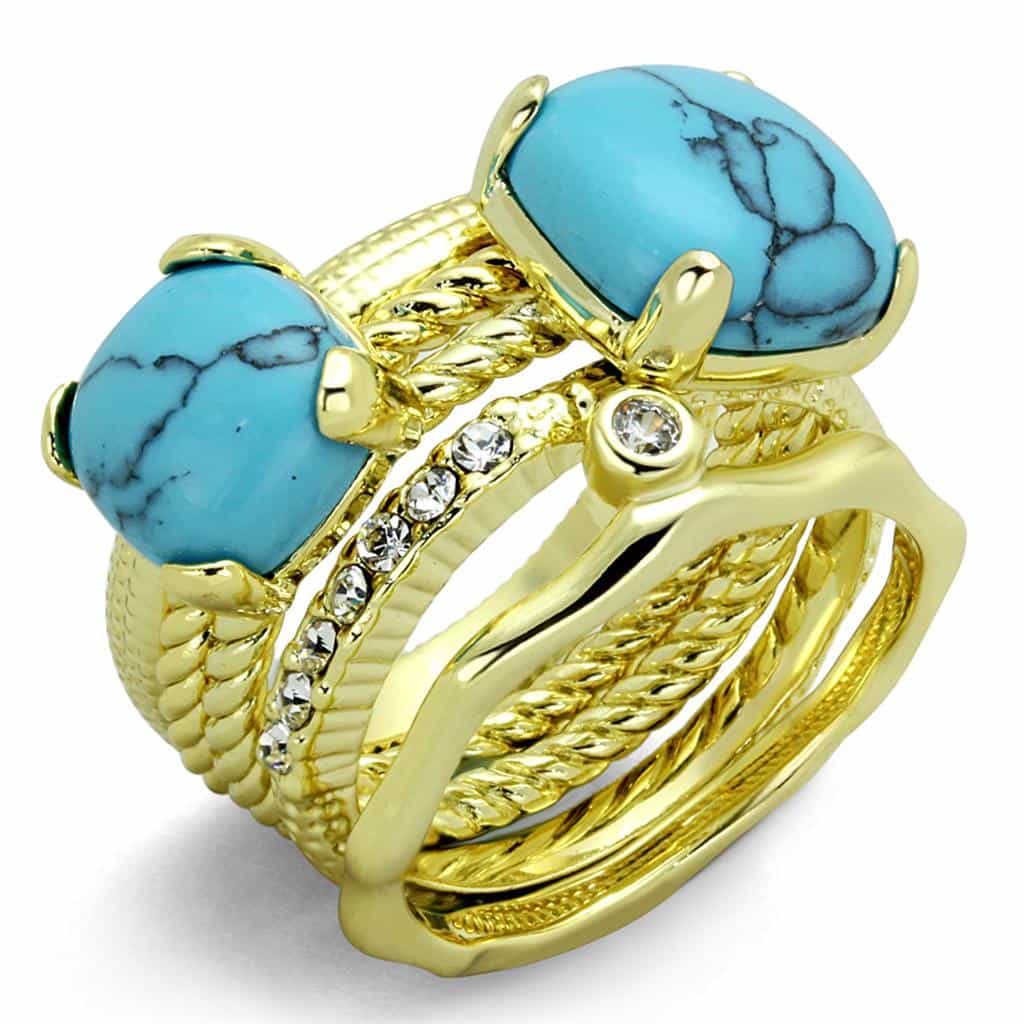 Brass Gold Turquoise Cabochon CZ Multi Band Stackable Ring view 1