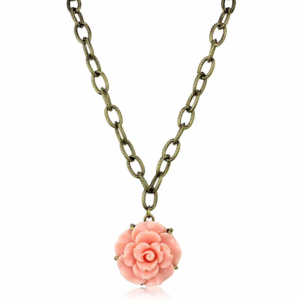 Brass Antique Gold Pink Coral Rose Flower Pendant Necklace view 1