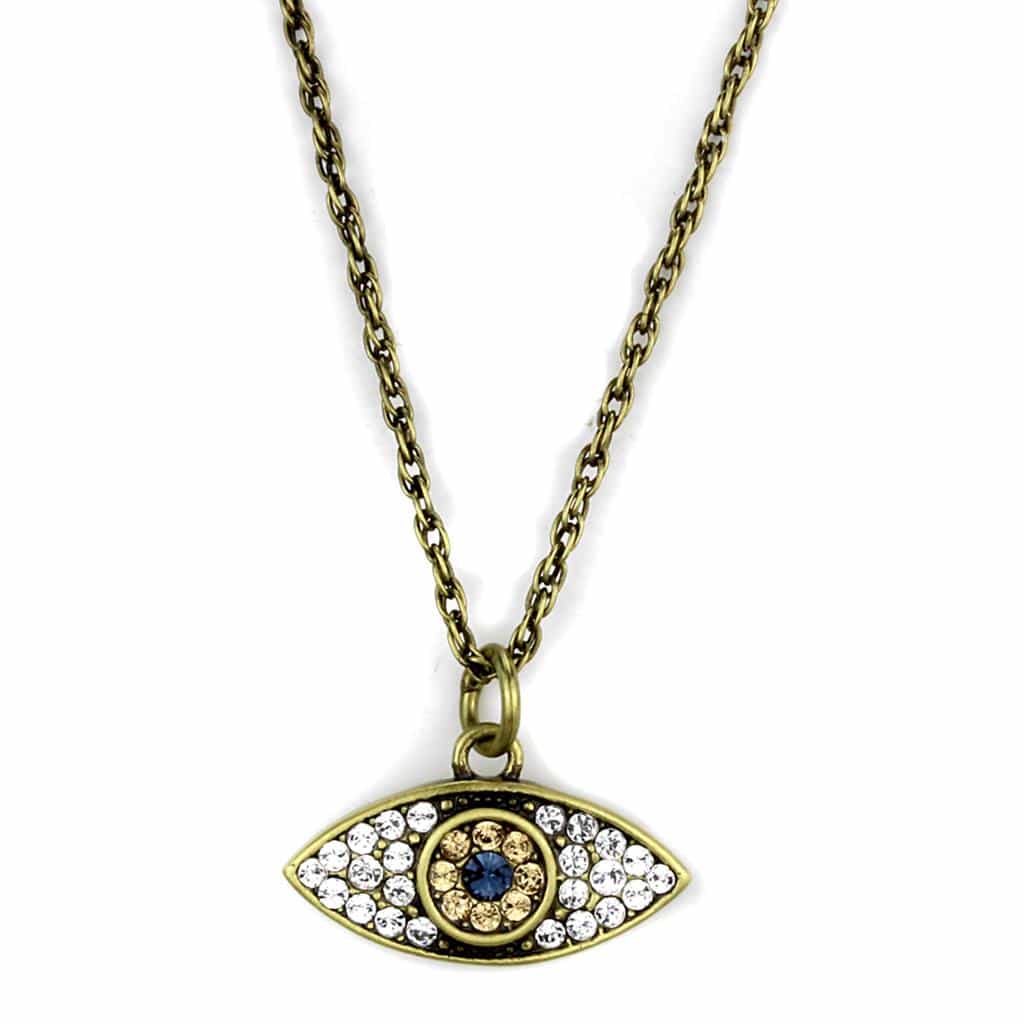Brass Antique Gold CZ Evil Eye Pendant Necklace view 1