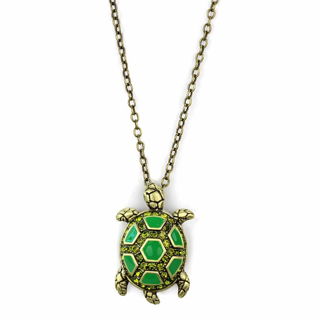 Brass Antique Gold Green Enamel Turtle Pendant Necklace view 1