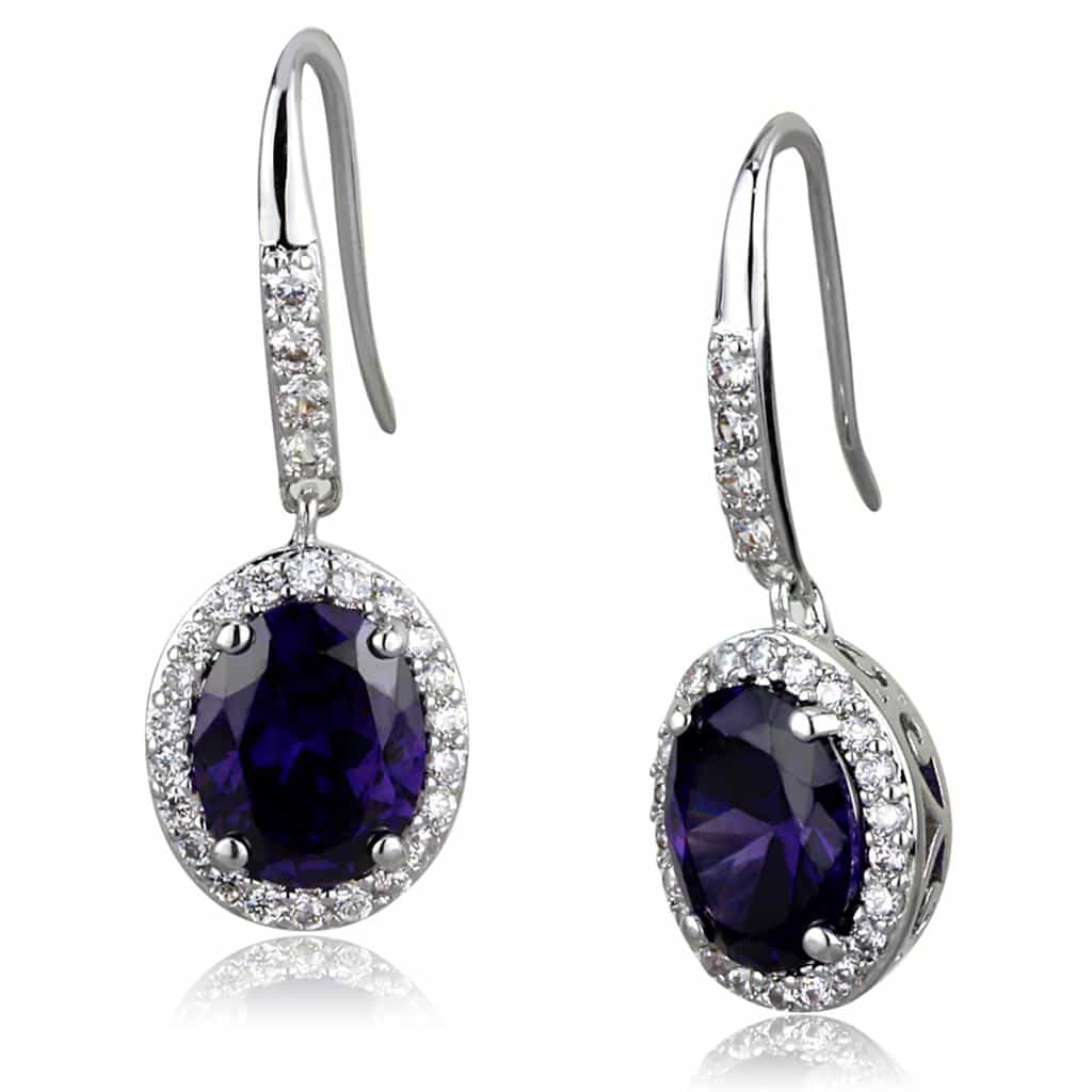 Brass Silver Purple Amethyst Oval CZ Halo Hook Earrings view 1