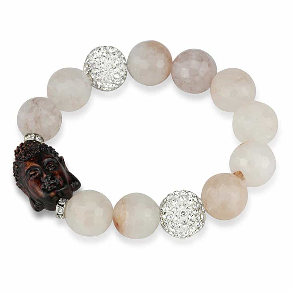Brass White Pink Agate Buddha CZ Ball Bead Stretch Bracelet view 1