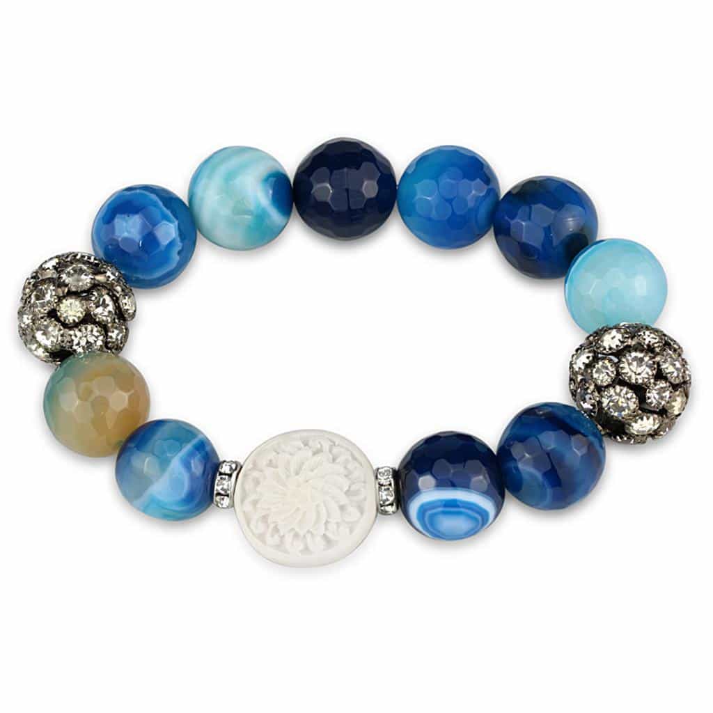 Brass Blue Agate Silver CZ Ball Flower Bead Stretch Bracelet view 1
