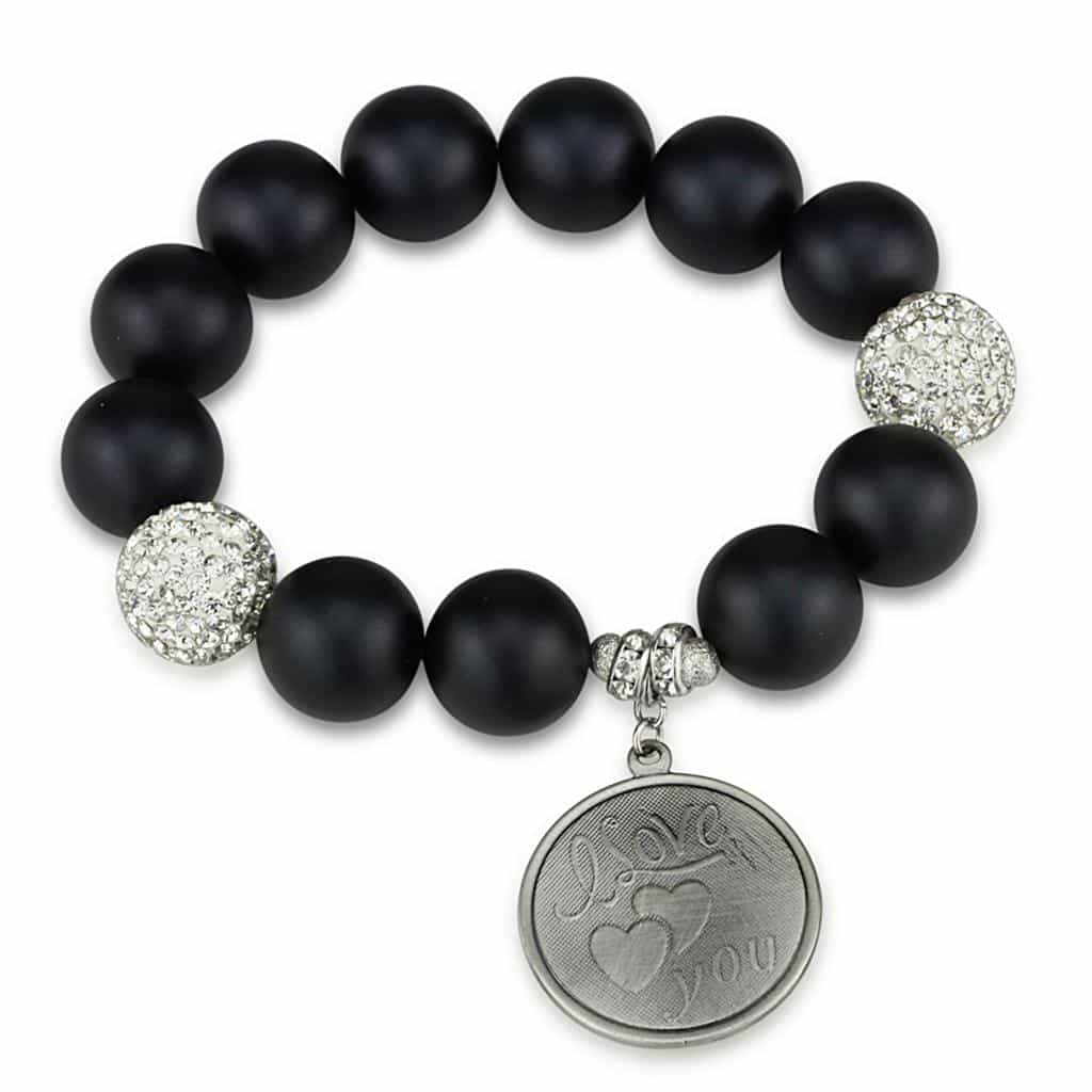 Stainless Steel Black Matte Onyx Silver CZ Ball Love Bracelet view 1