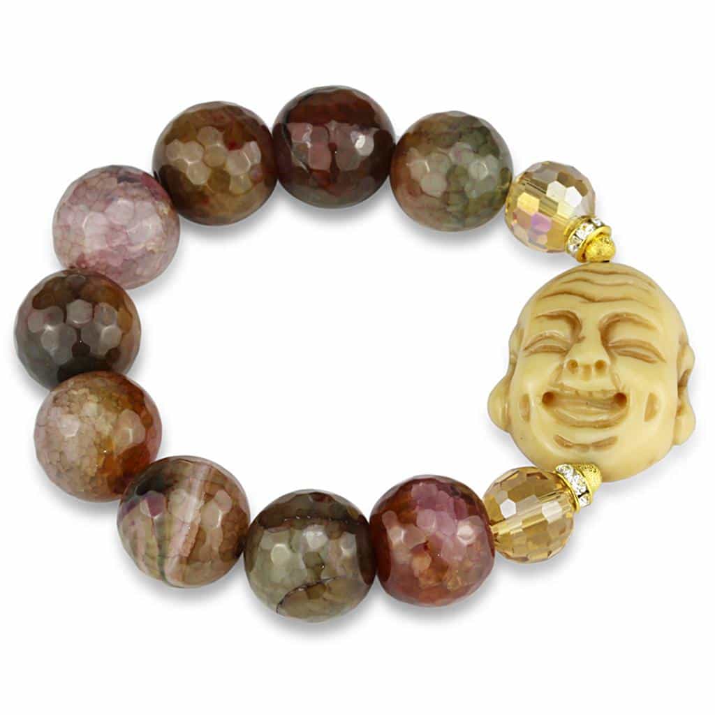 Brass Brown Earth Tone Agate Gold Buddha Bead Stretch Bracelet view 1