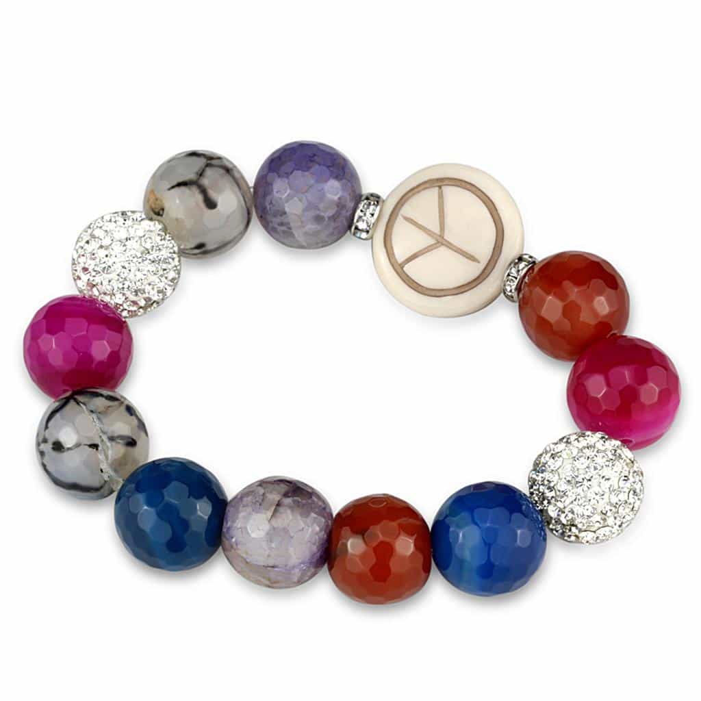 Brass Multi Color Agate Silver CZ Ball Peace Sign Charm Bracelet view 1