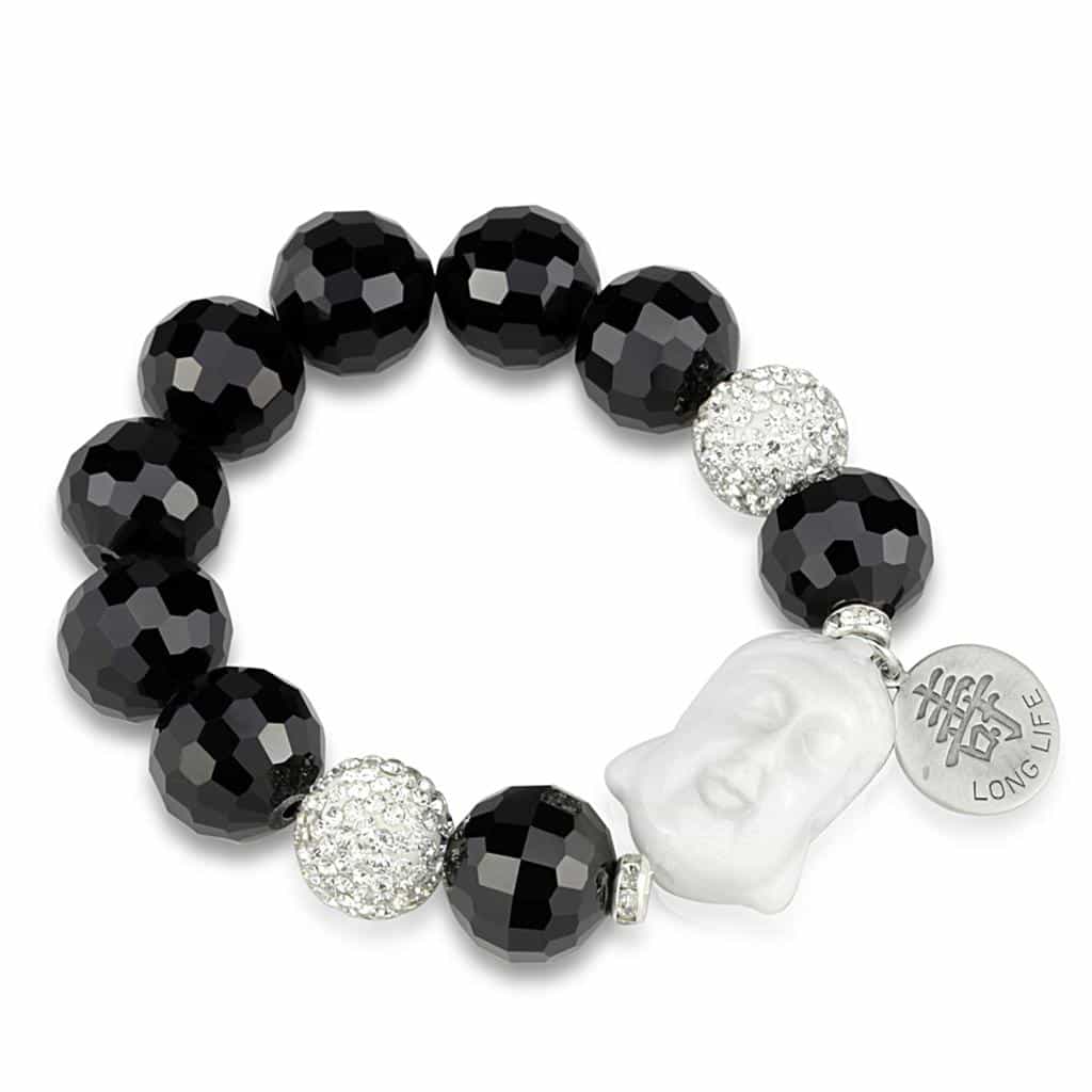 Brass Black Onyx Silver CZ Ball Buddha Long Life Charm Bracelet view 1