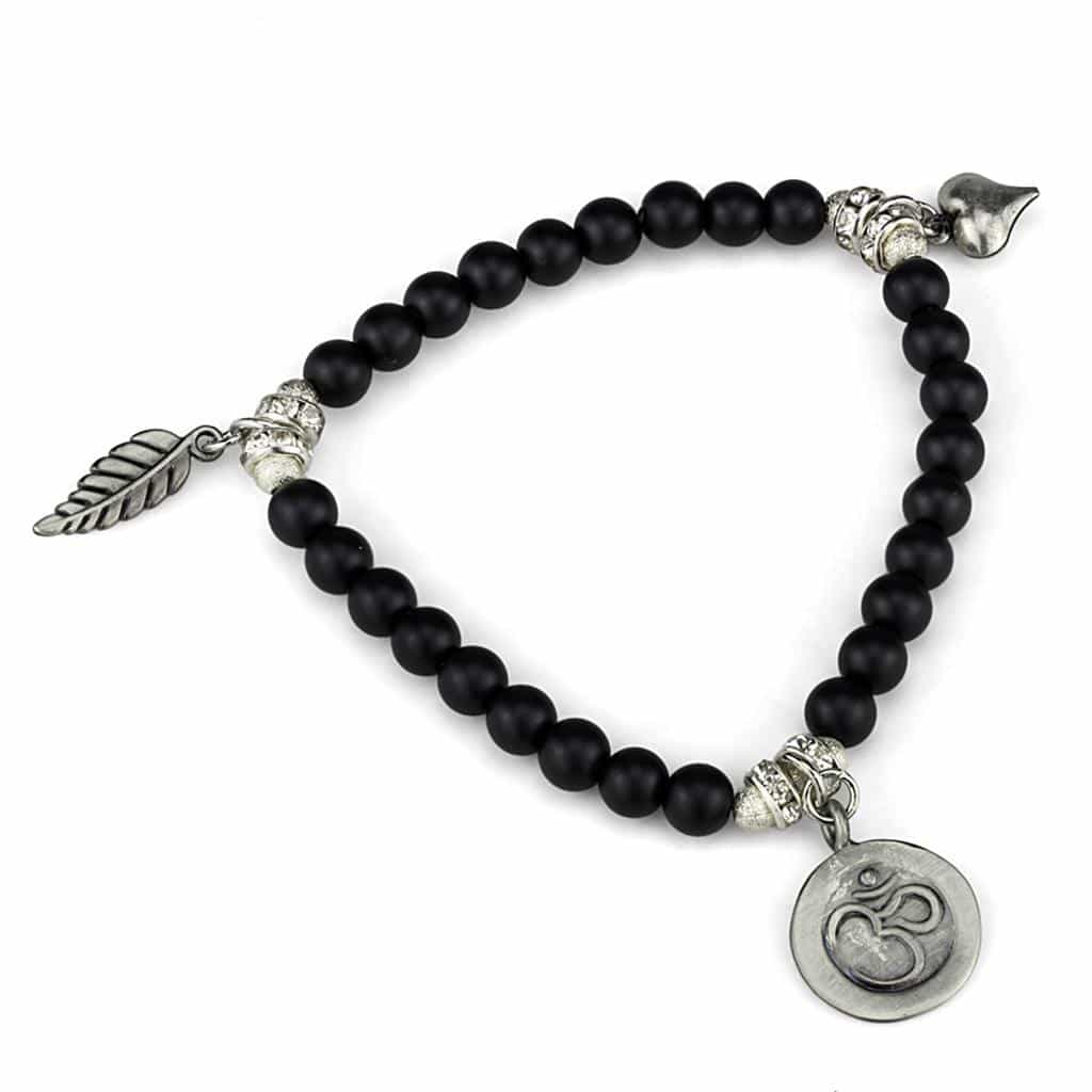 Brass Black Matte Onyx Silver Feather Om Charm Stretch Bracelet view 1