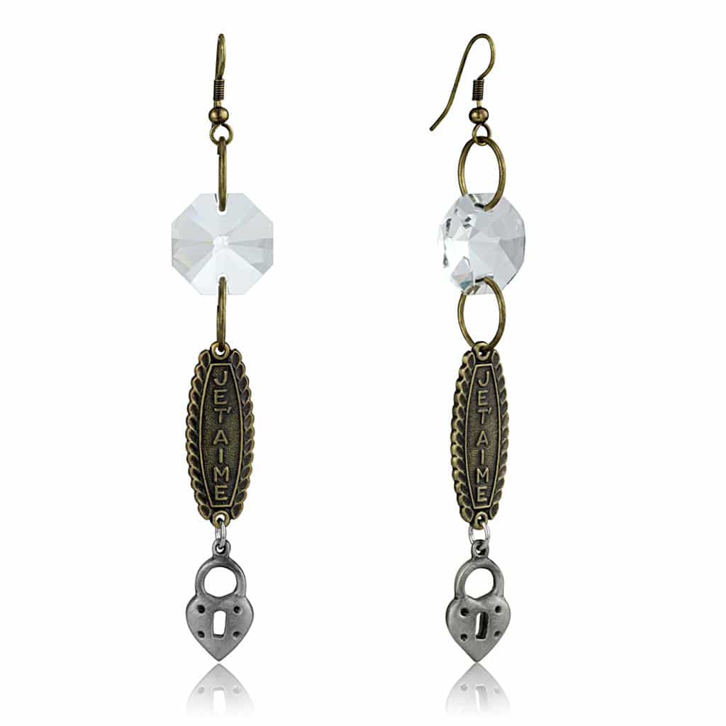 Brass Antique Gold Crystal Je Taime Lock Charm Dangle Earrings view 1