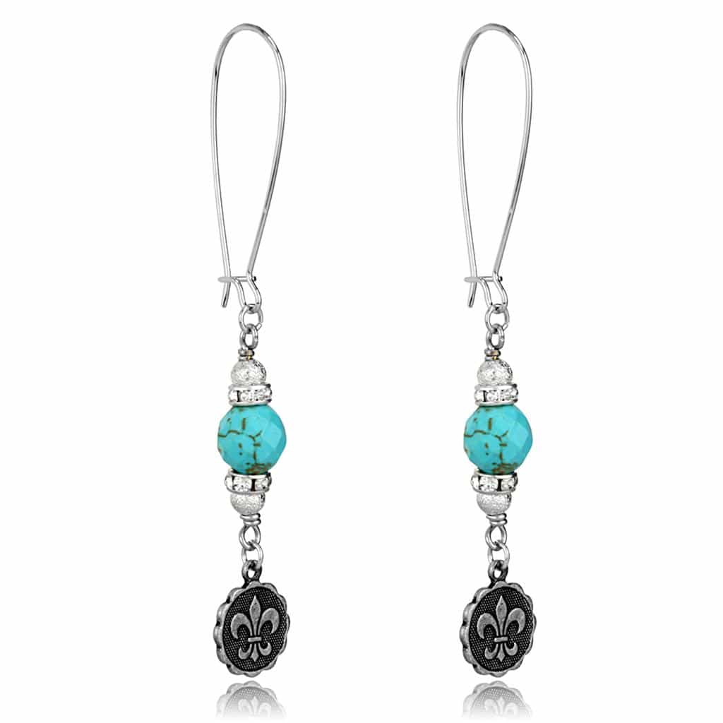 Brass Silver Turquoise Bead Fleur De Lis Charm Dangle Earrings view 1