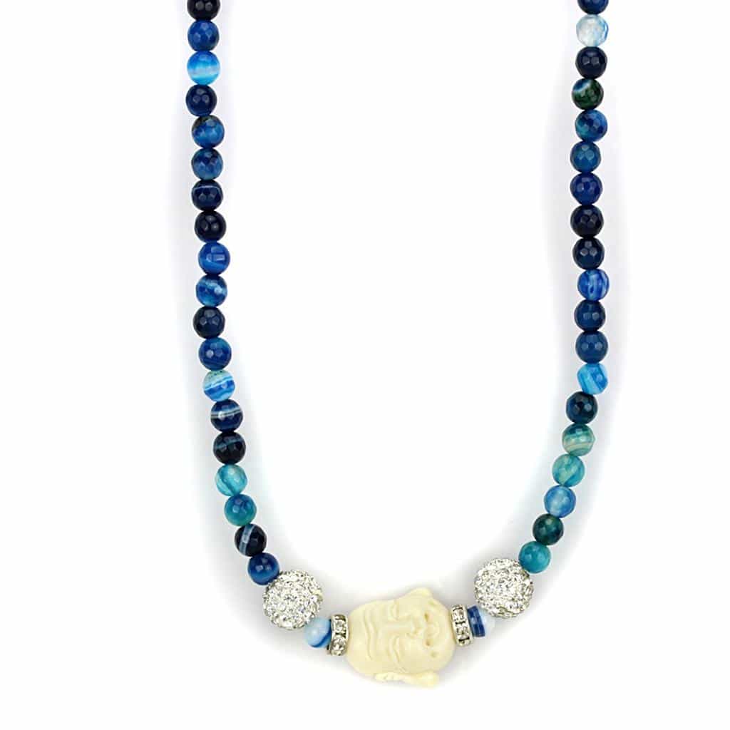 Brass Blue Agate Silver CZ Ball Buddha Bead Necklace view 1