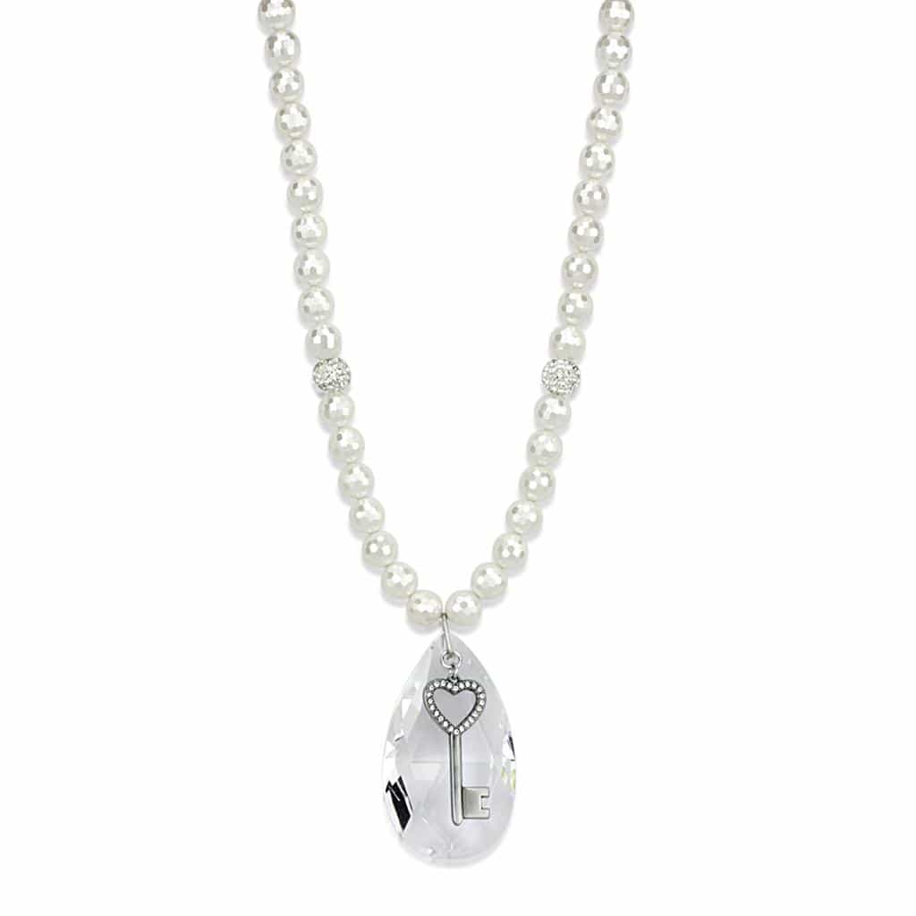 Brass White Pearl Rose Gold CZ Ball Bead Necklace view 1