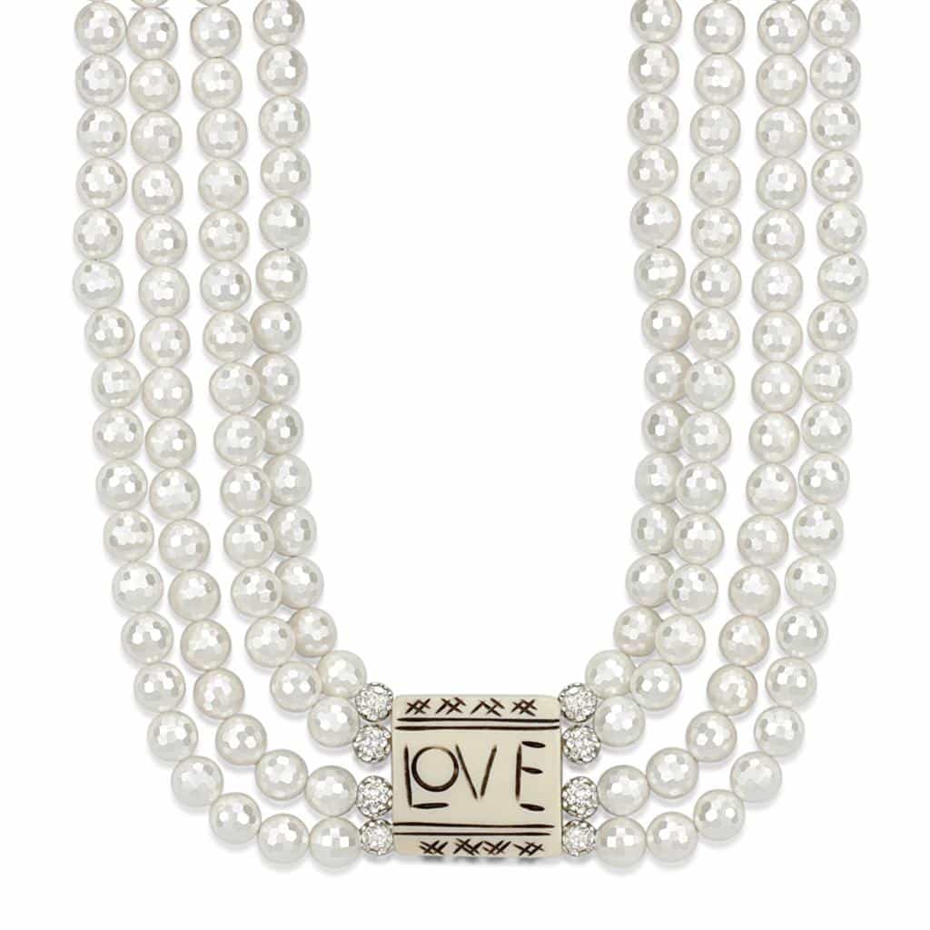 Brass White Pearl Multi Strand Love Plaque CZ Ball Necklace view 1