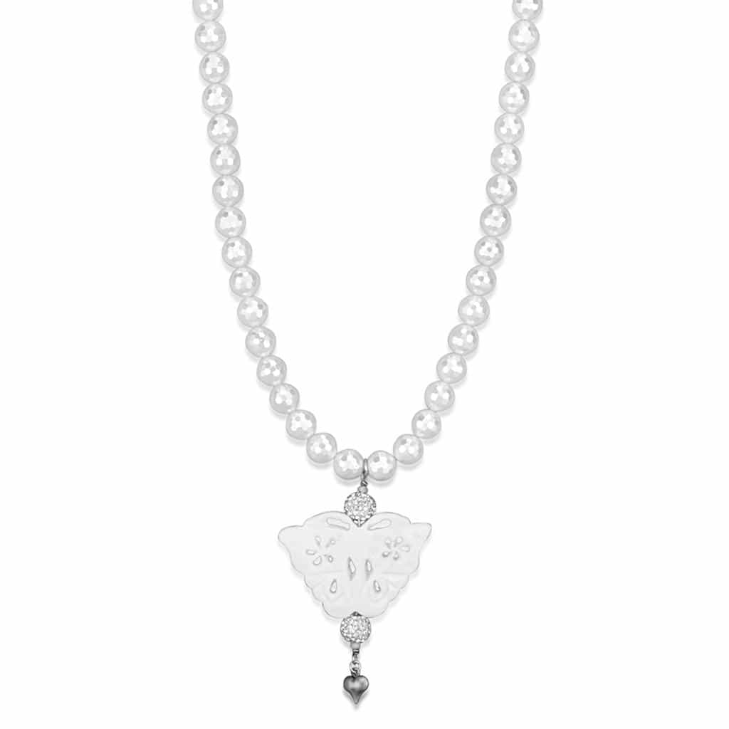 Brass White Pearl CZ Ball Angel Heart Charm Pendant Necklace view 1