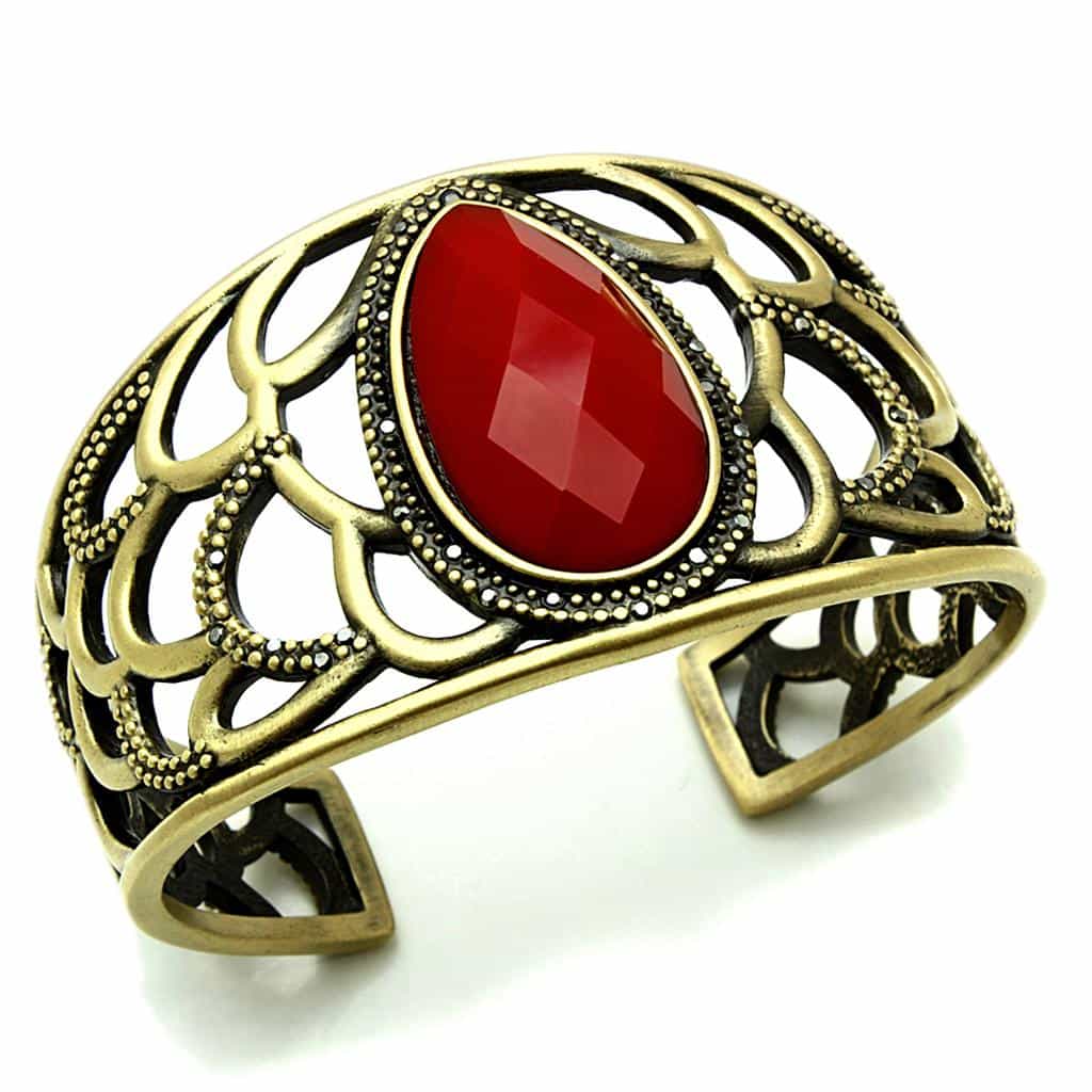 Brass Antique Gold Red Faceted Teardrop Filigree Cuff Bracelet view 1