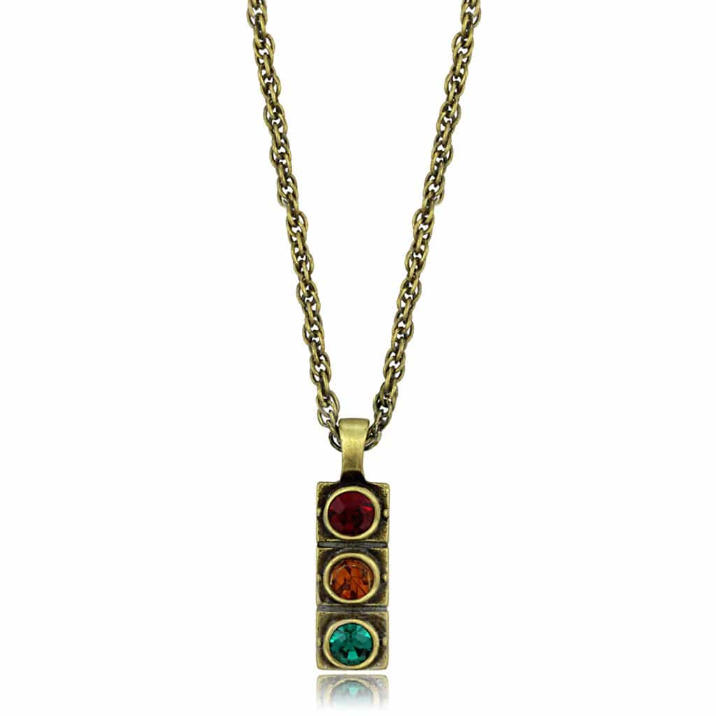 Brass Antique Gold Multi Color Crystal Traffic Light Necklace view 1