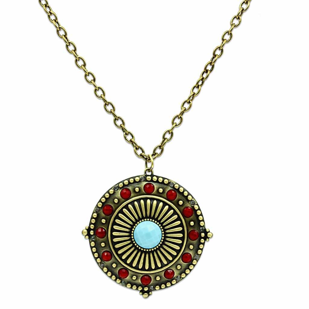 Brass Antique Gold Turquoise Red Sunburst Medallion Necklace view 1
