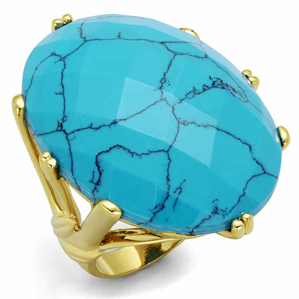 Brass Gold Turquoise Faceted Large Oval Prong Set Cocktail Ring view 3
