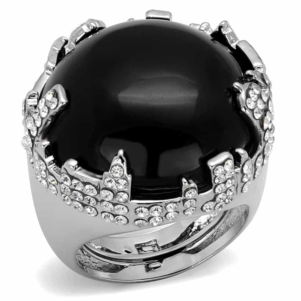 Brass Silver Black Onyx Round Cabochon CZ Accent Cocktail Ring view 1