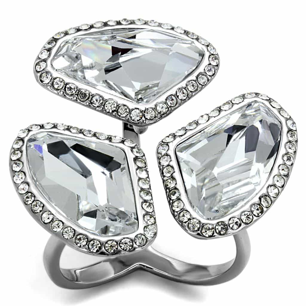 Stainless Steel Silver CZ Halo Freeform Triple Stone Ring view 1