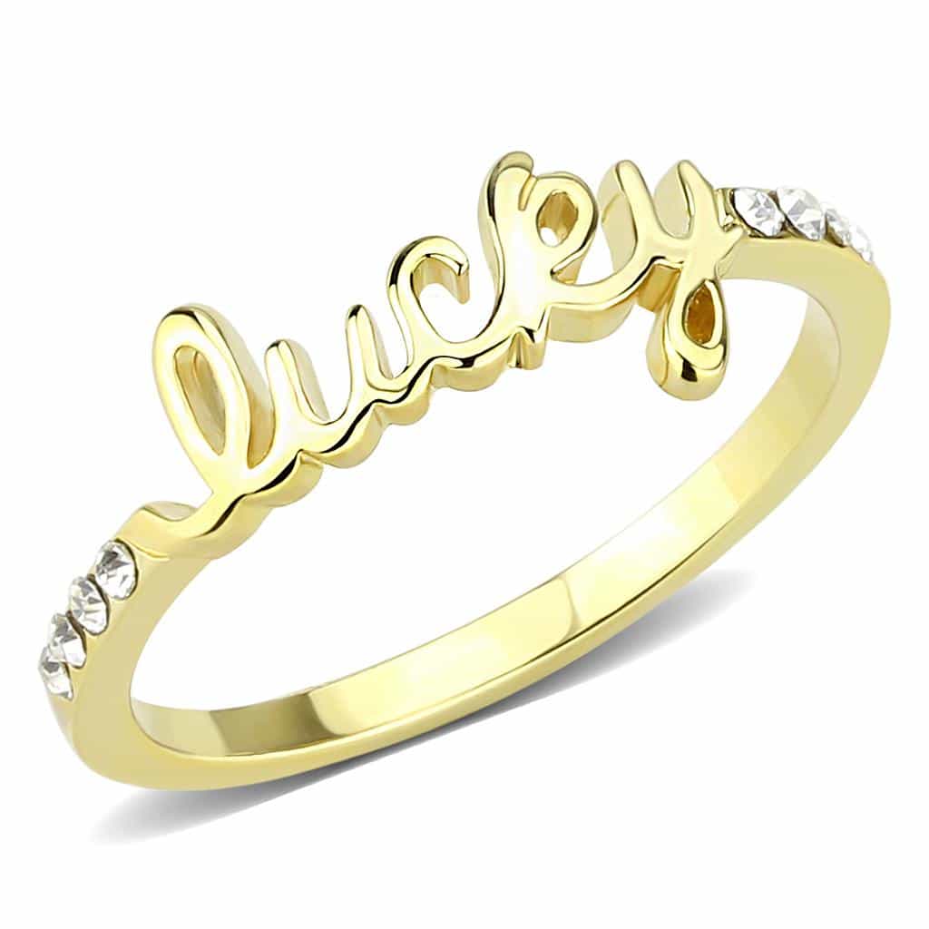 Brass Gold CZ Script Lucky Word Ring | The Stainless Jewelry view 1