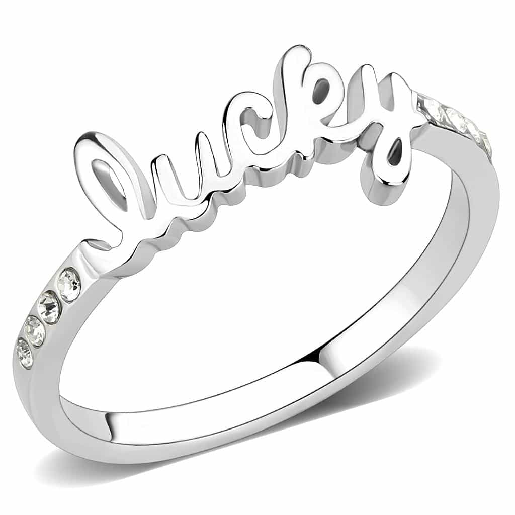 Brass Silver CZ Script Lucky Word Ring | The Stainless Jewelry view 1