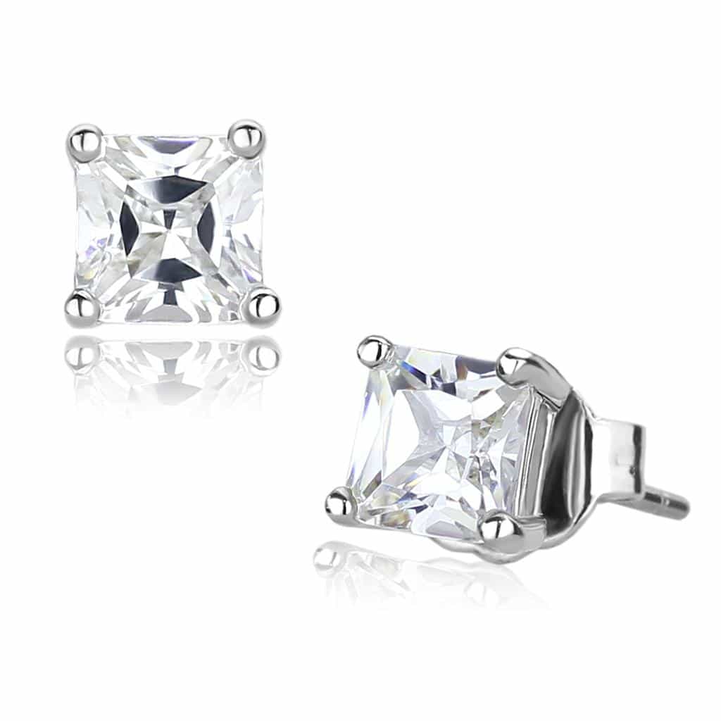 Brass Silver CZ Princess Cut Stud Earrings view 1